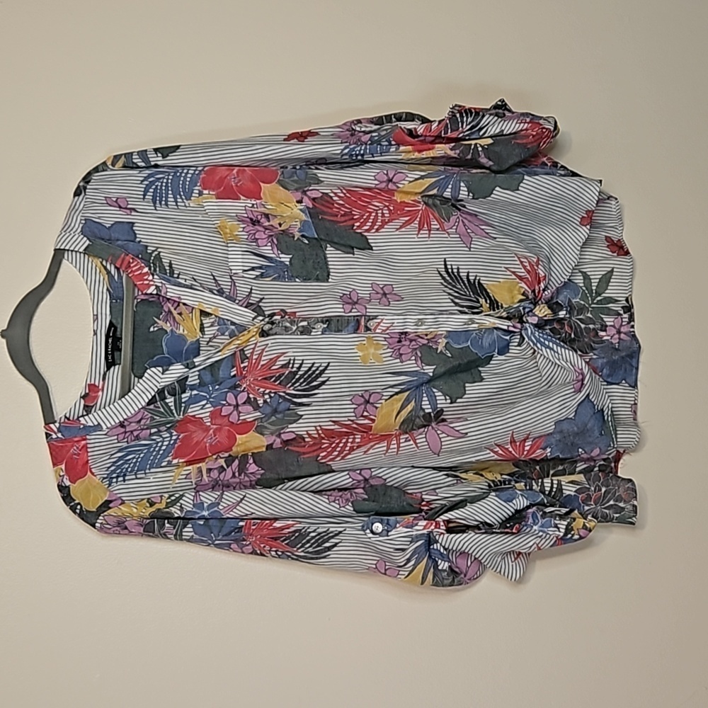 Zac & Rachel Tie Front Button blouse Stripe tropical floral Casual 2X EUC 🎯